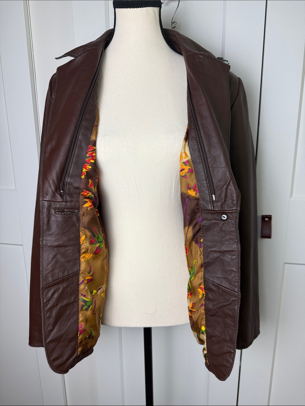 Vintage brown genuine leather Chi by falchi button front funky lined jacket coat - Picture 2 of 10